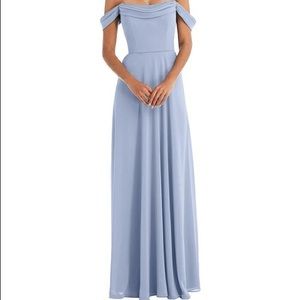 Dessy Off-the-Shoulder Draped Neckline Sky Blue Maxi Dress Thread Bridesmaid 6